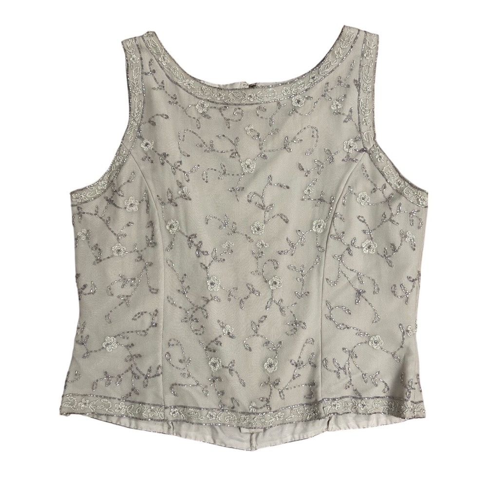 Silk Beaded Tank Top Cream Floral Sequin Blouse P10 Papell Boutique Evening
